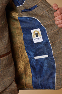 Мъжки костюм от 3 части, туид с риленска кост, кафяв, кариран, вталени кройки, двоен класически