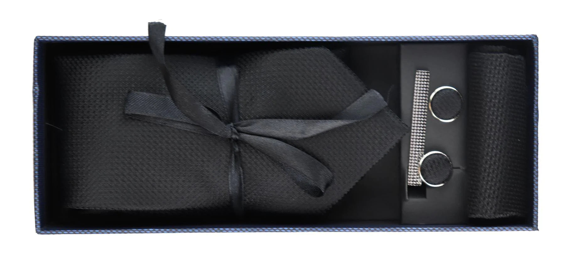 Satin Silk Textured Black Tie Gift Set Pocket Square Cuff Links Tie Matt Satin