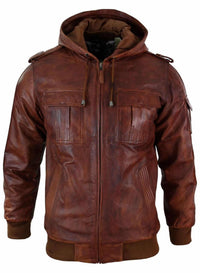 Mens Real Leather Hood Bomber Jacket Tan Timber Brown Washed Vintage Quilted