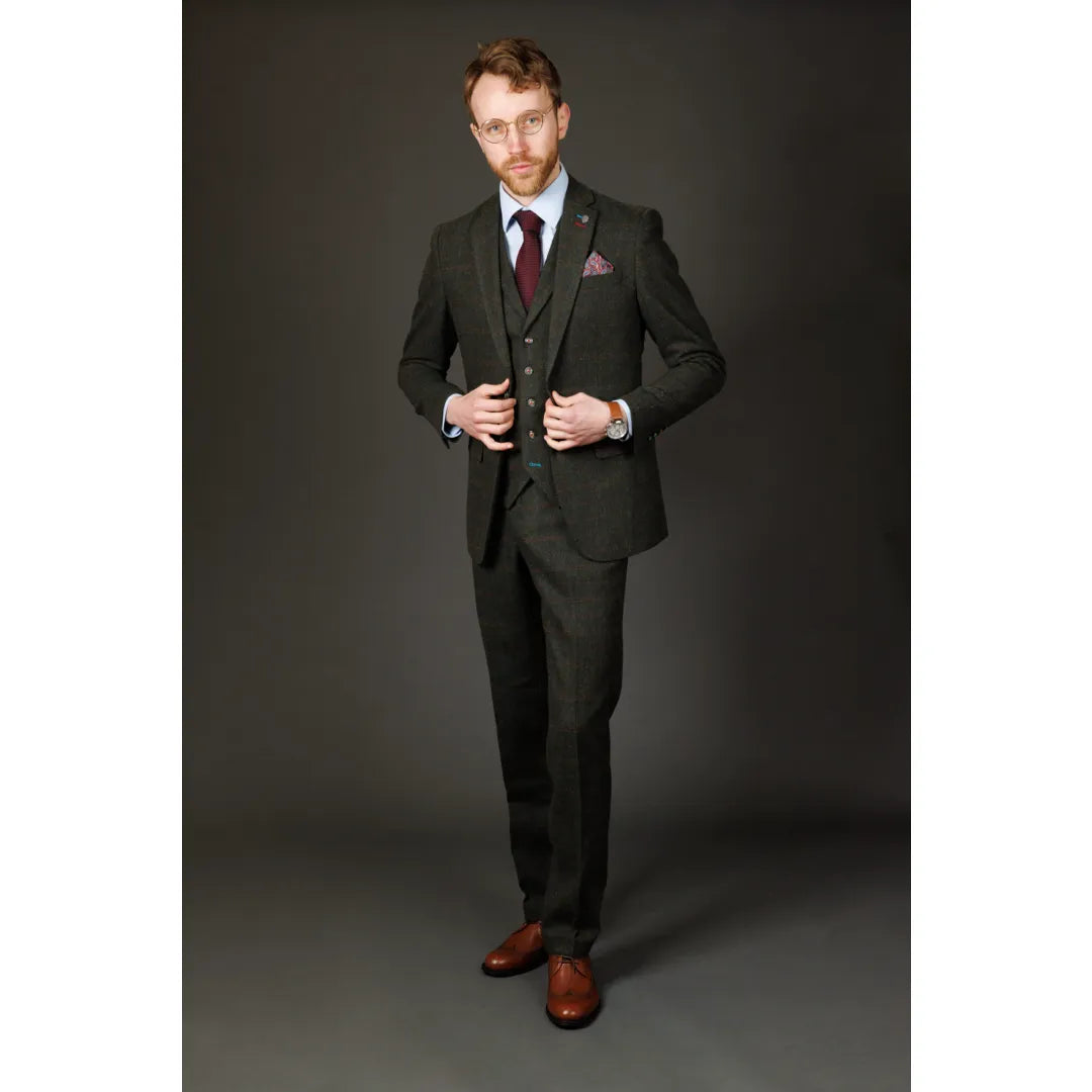 Joshua Men's 3-Piece Green Tweed Slim Fit Suit