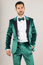 AK-25 Men's Emerald Green 3-Piece Velvet Wedding Tuxedo with Black Lapels