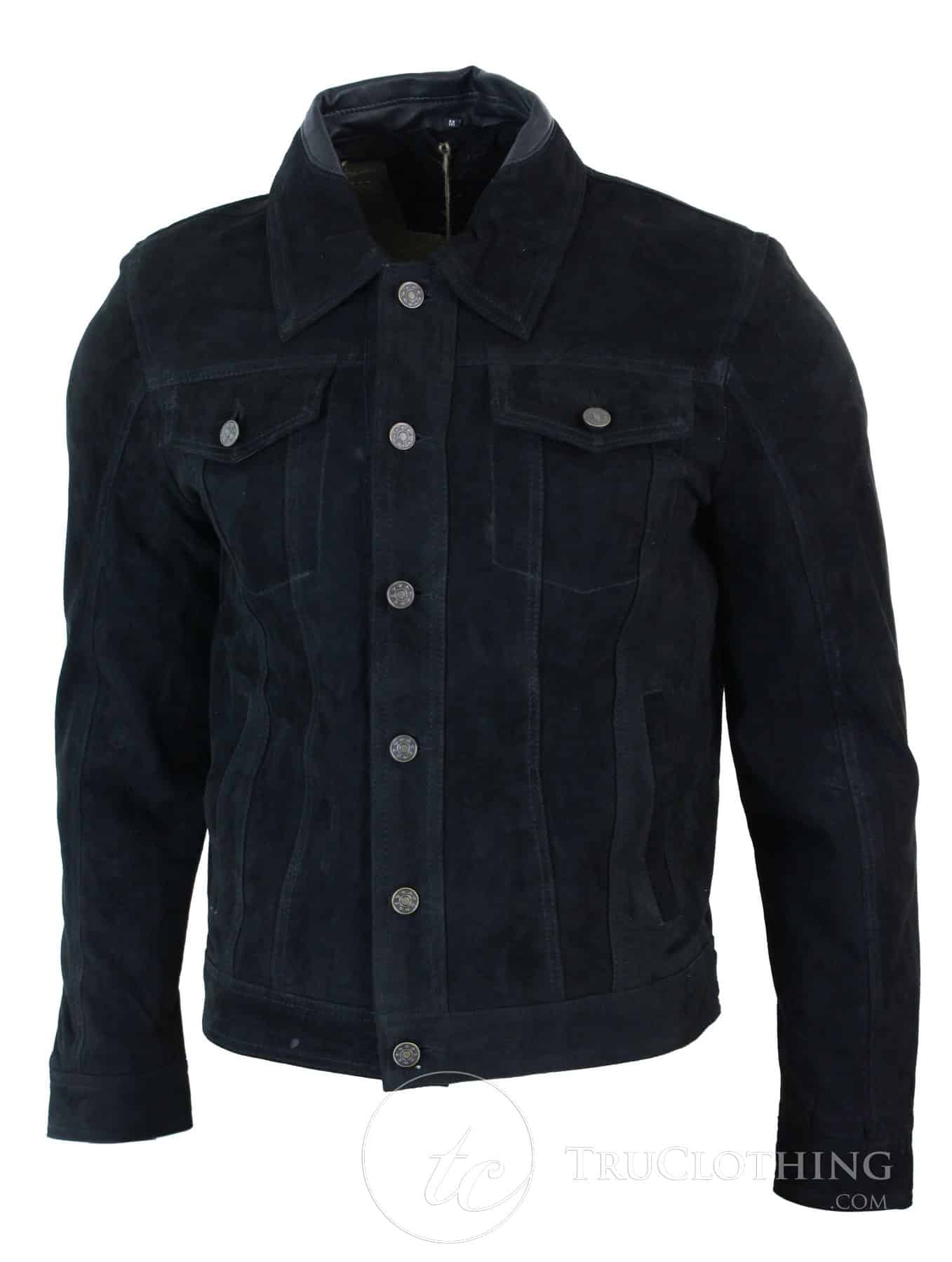 Real Suede Leather Mens Vintage Short Denim Style Retro Jean Jacket Casual - Black Color