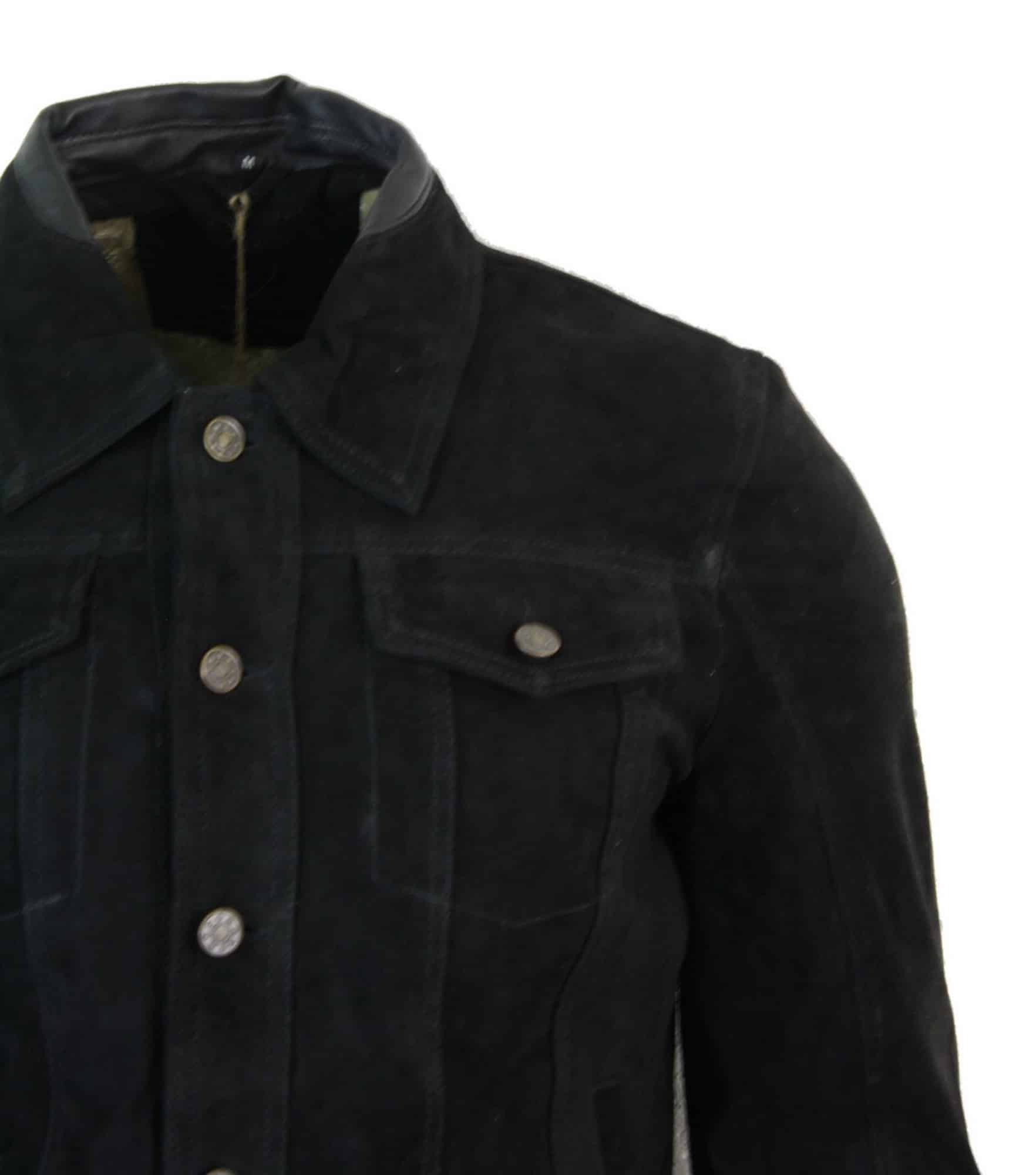 Real Suede Leather Mens Vintage Short Denim Style Retro Jean Jacket Casual - Black Color
