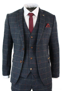 Mens Navy Blue Wine Check Herringbone Tweed Vintage 3 Piece New Marc Darcy Suit
