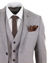 Mens 3 Piece Tweed Check Suit - Cream