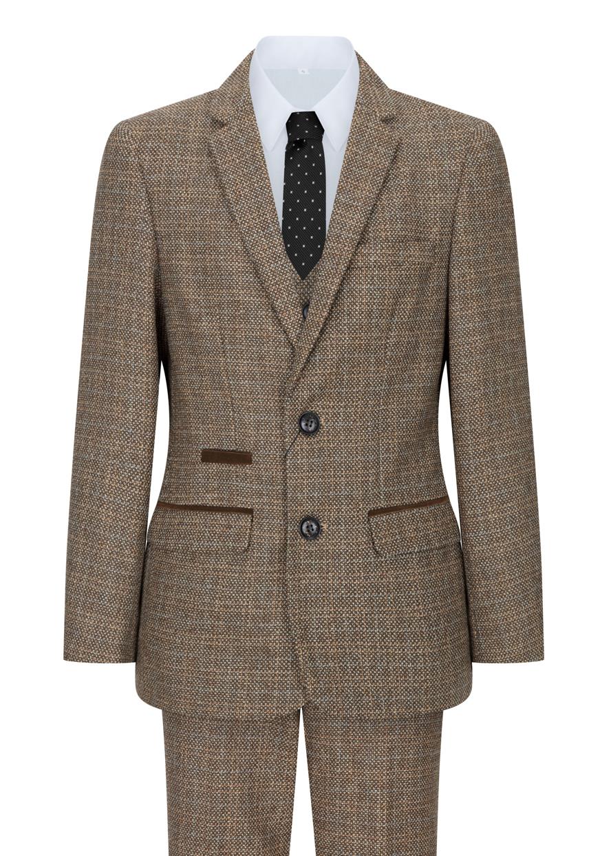 Boys 3 Piece Brown Suit Tweed Check Vintage Retro Tailored Fit 1920s
