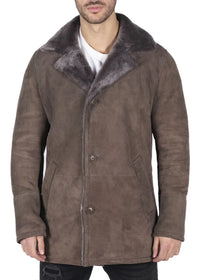 Mens Real Sheepskin Coat Beige Vintage Classic 3/4 Jacket Button Down V Neck