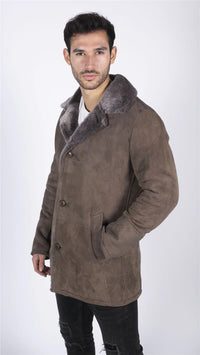 Mens Real Sheepskin Coat Beige Vintage Classic 3/4 Jacket Button Down V Neck