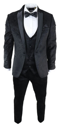 Mens Marc Darcy Velvet Paisley Black Fit 3 Piece Suit Tuxedo Dinner Jacket Wedding