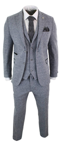 Men's Light Grey 3 Piece Tweed Herringbone Suit - STZ11