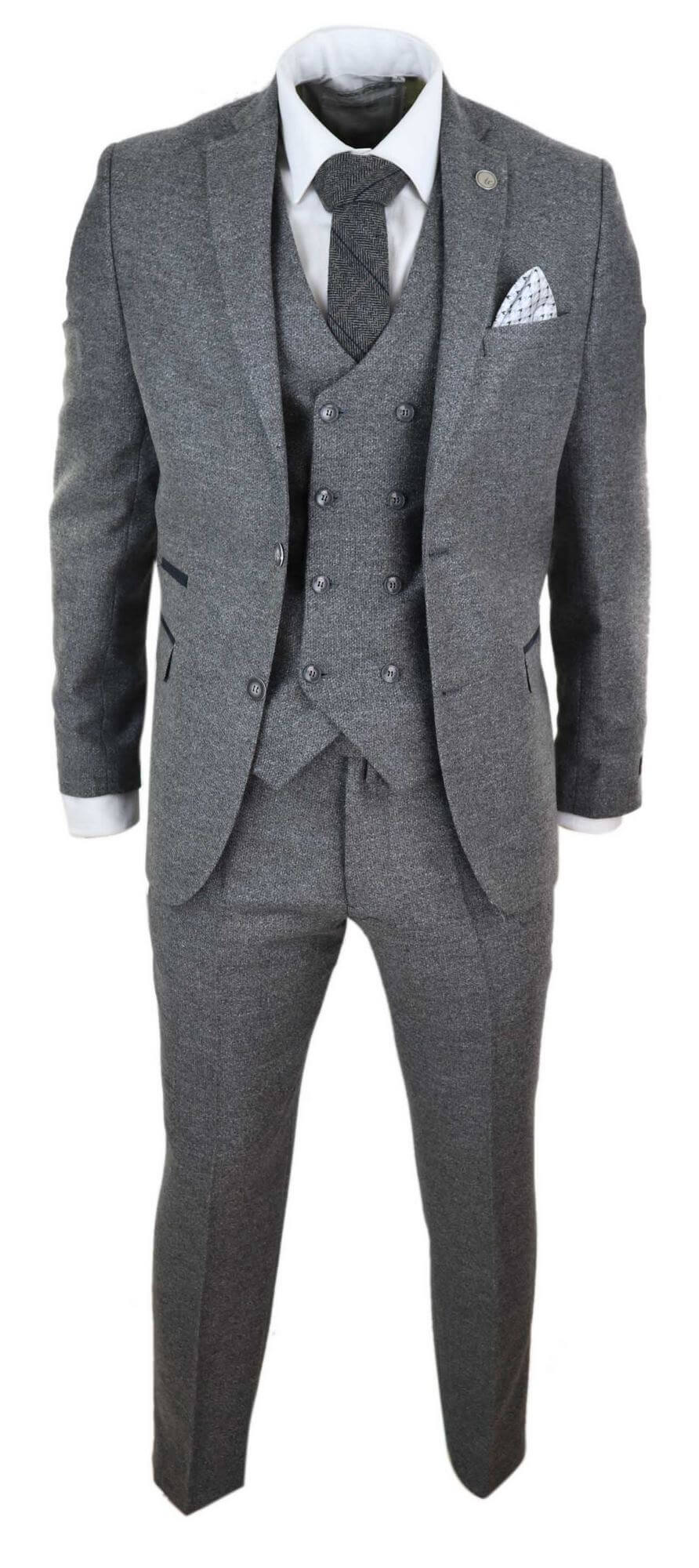 Mens 3 Piece Grey Suit with Double Breasted Waistcoat