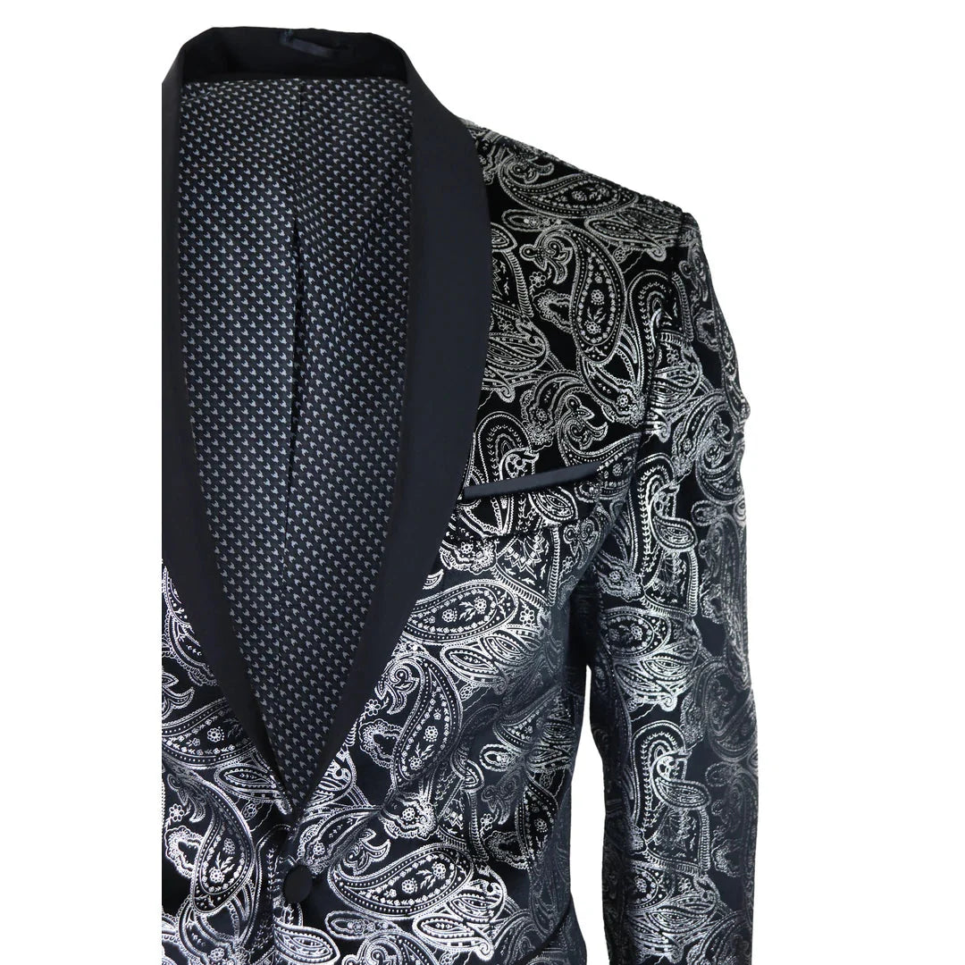 STZ64-65 - Men's Velvet Paisley Floral Blazer Silver Black Tuxedo Jacket