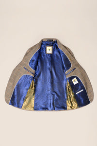 Мъжки костюм от 3 части, туид с риленска кост, кафяв, кариран, вталени кройки, двоен класически