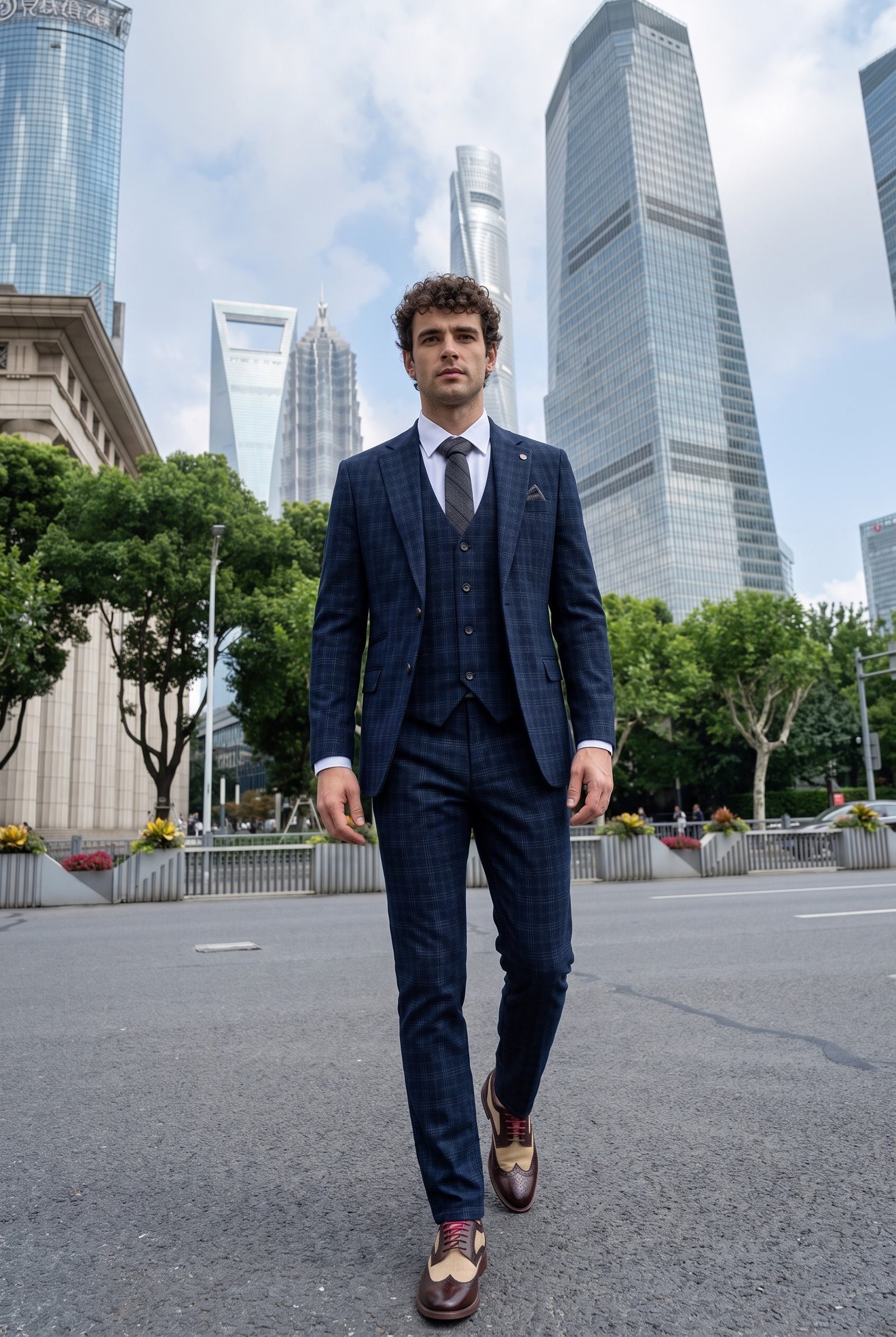 Look #570 styled with Marcos - Мъжки костюм от 3 части, тъмносин кариран, с прилепнала кройка