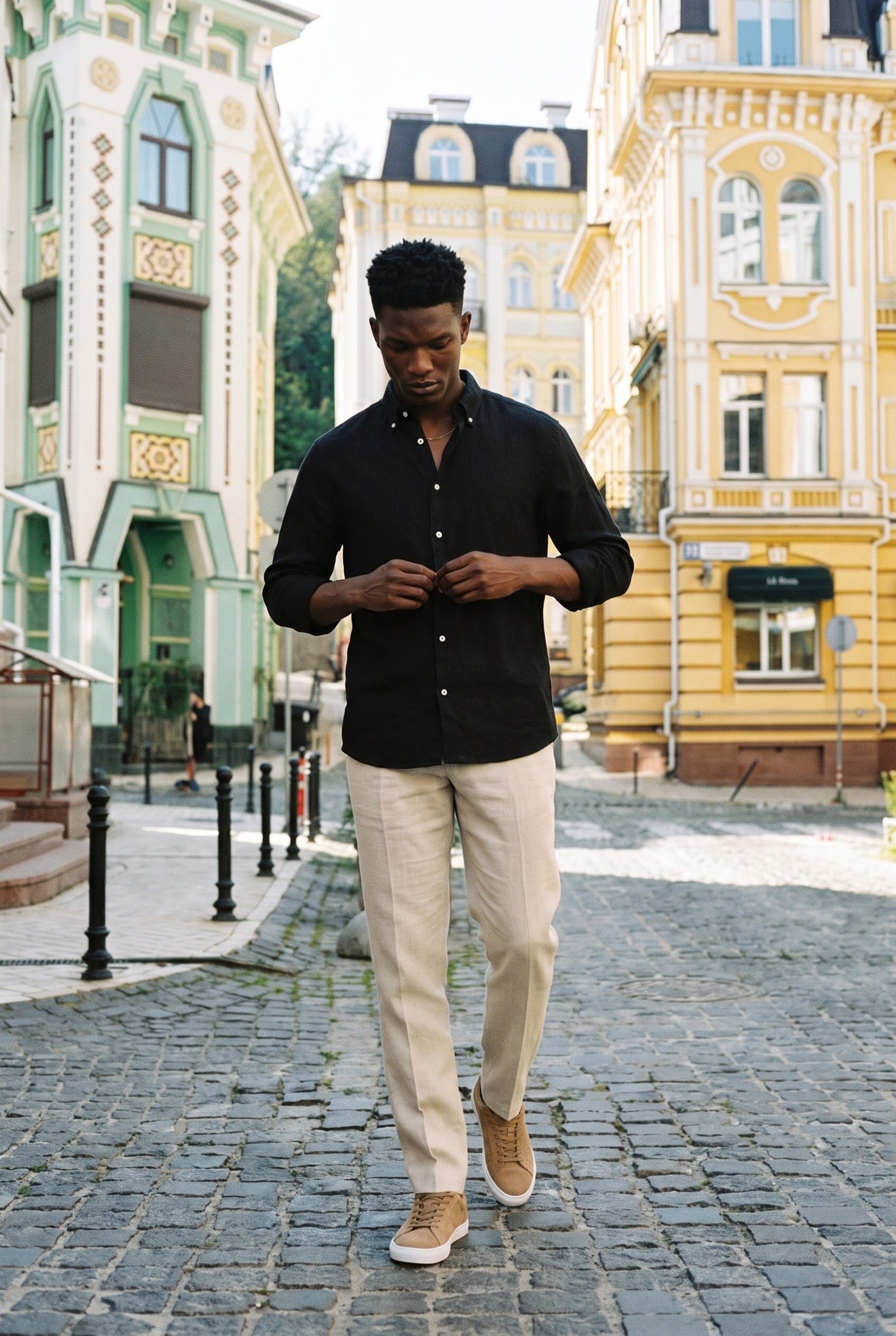 Look #1015 styled with Мъжки бежов плисиран панталон с връзки, свободна права кройка, 100% лен
