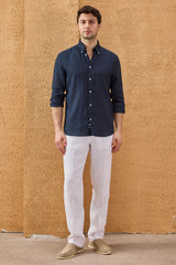 Мъжка тъмносина лятна риза с дълъг ръкав и копчета от чист лен