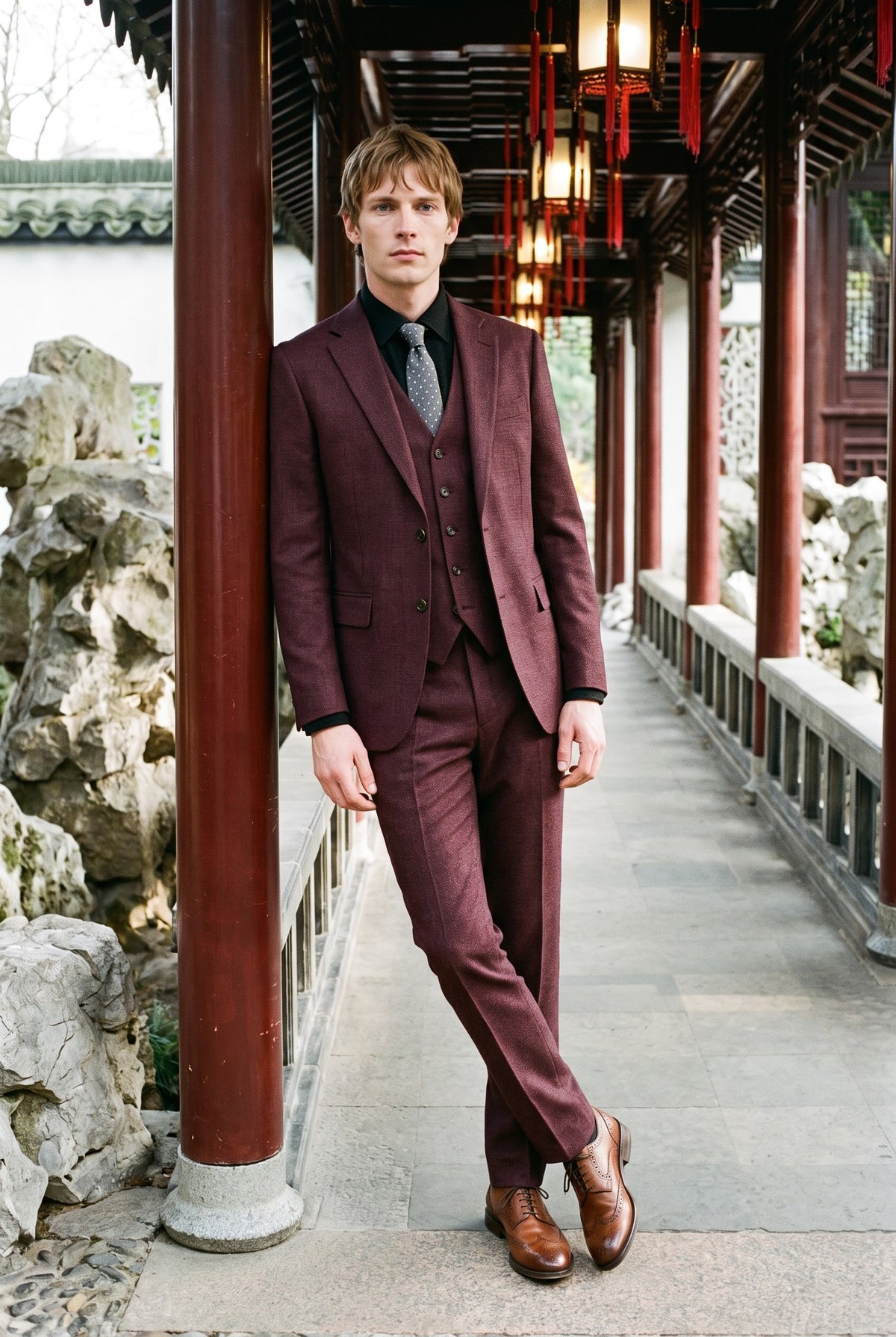 Look #237 styled with Caridi - Мъжки бордо костюм от 3 части на каре