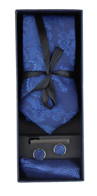 Paisley Neck Blue Tie Gift Set Pocket Square Cuff Links Tie Floral Satin