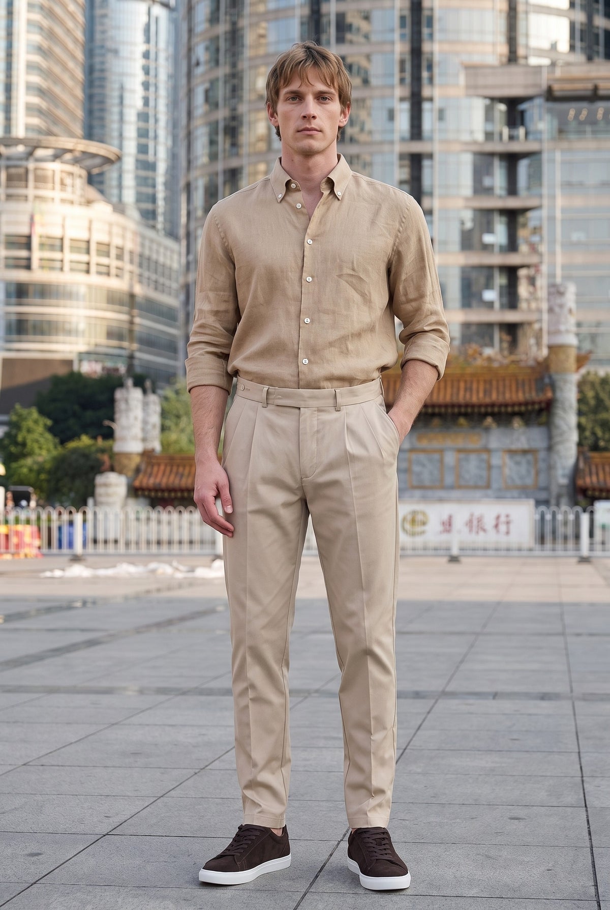 Look #1022 styled with Мъжка лятна риза с дълъг ръкав и копчета, кафява, от чист лен