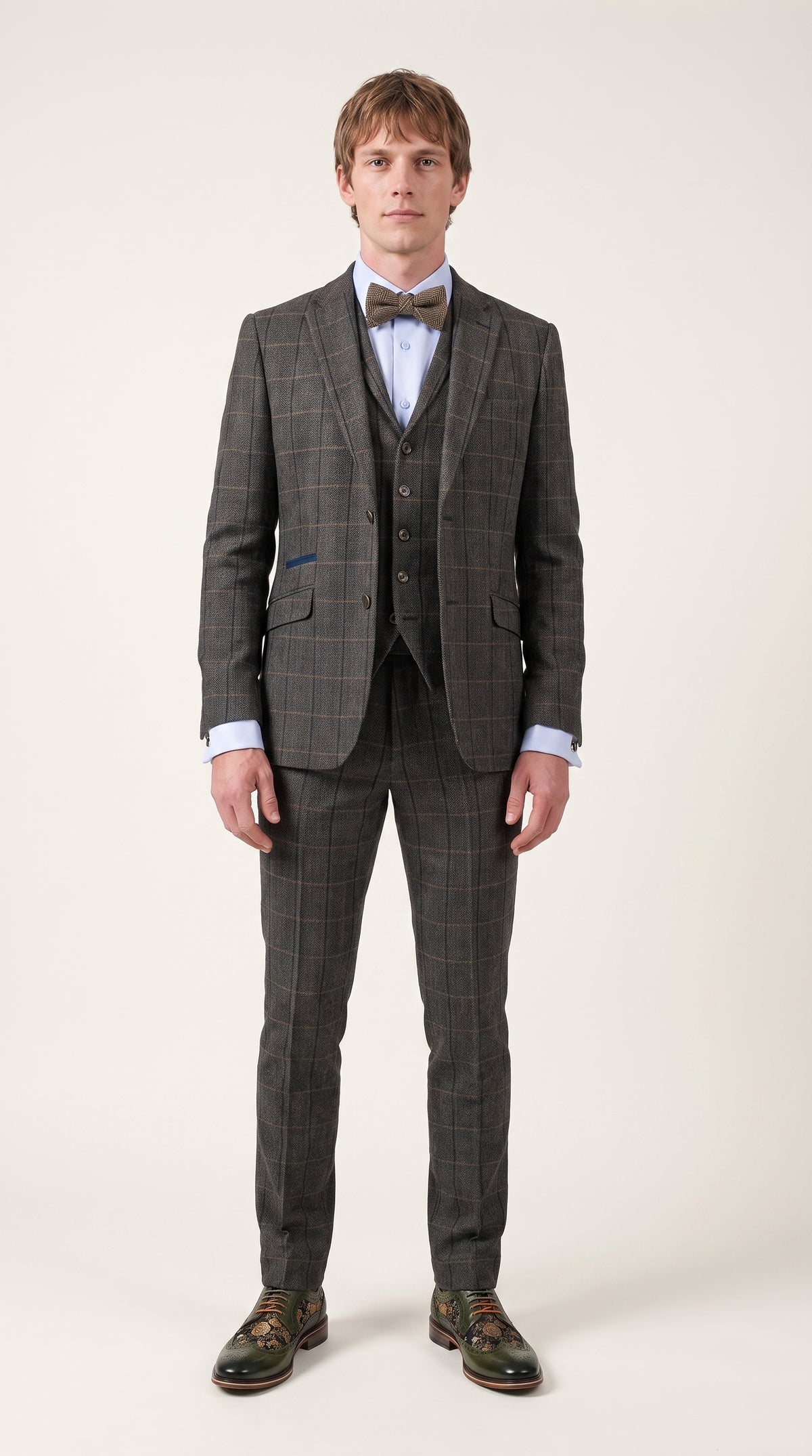 Look #330 styled with Cavani Albert - Мъжки костюм от 3 части с каре от туид с рилен мотив - Тъмносин
