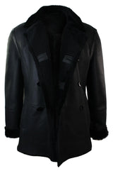 Mens Real Shearling German Navy Sheepskin Double Breasted Jacket Black Fitted