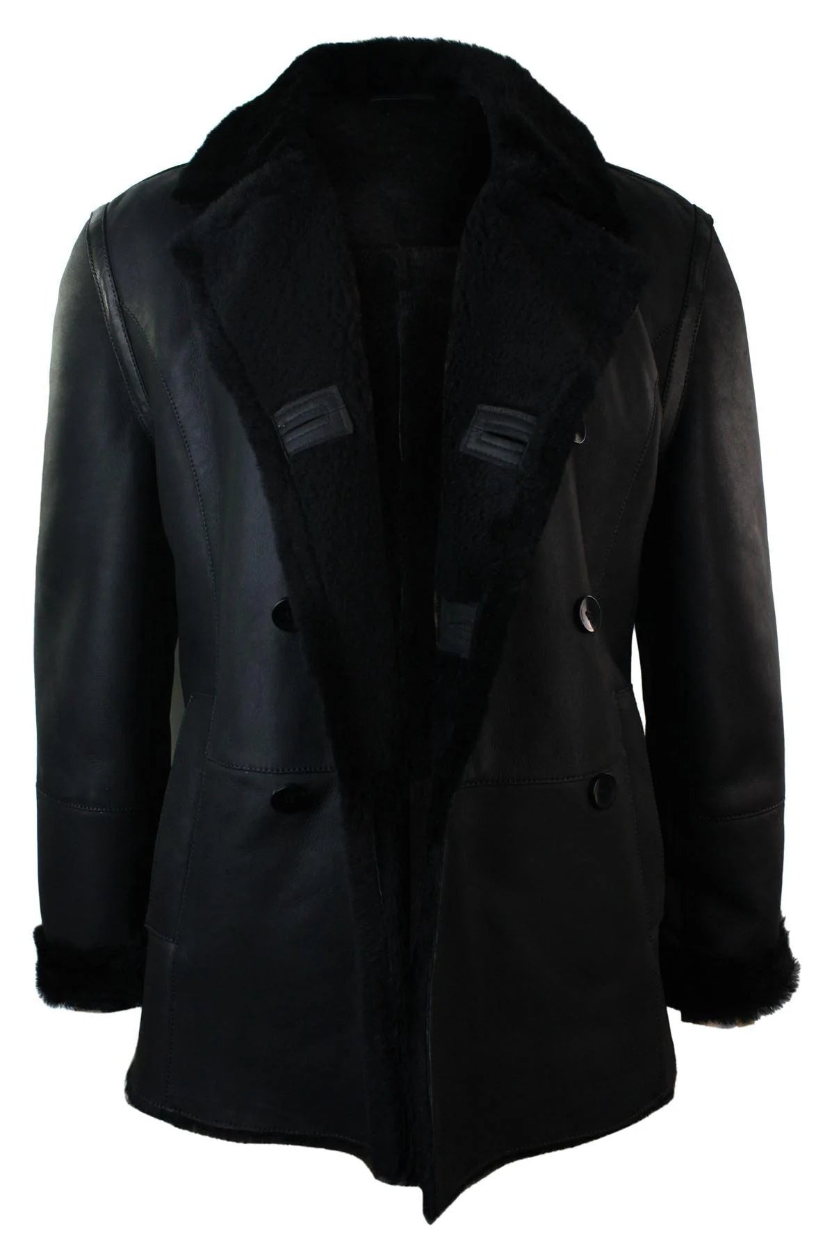 Mens Real Shearling German Navy Sheepskin Double Breasted Jacket Black Fitted