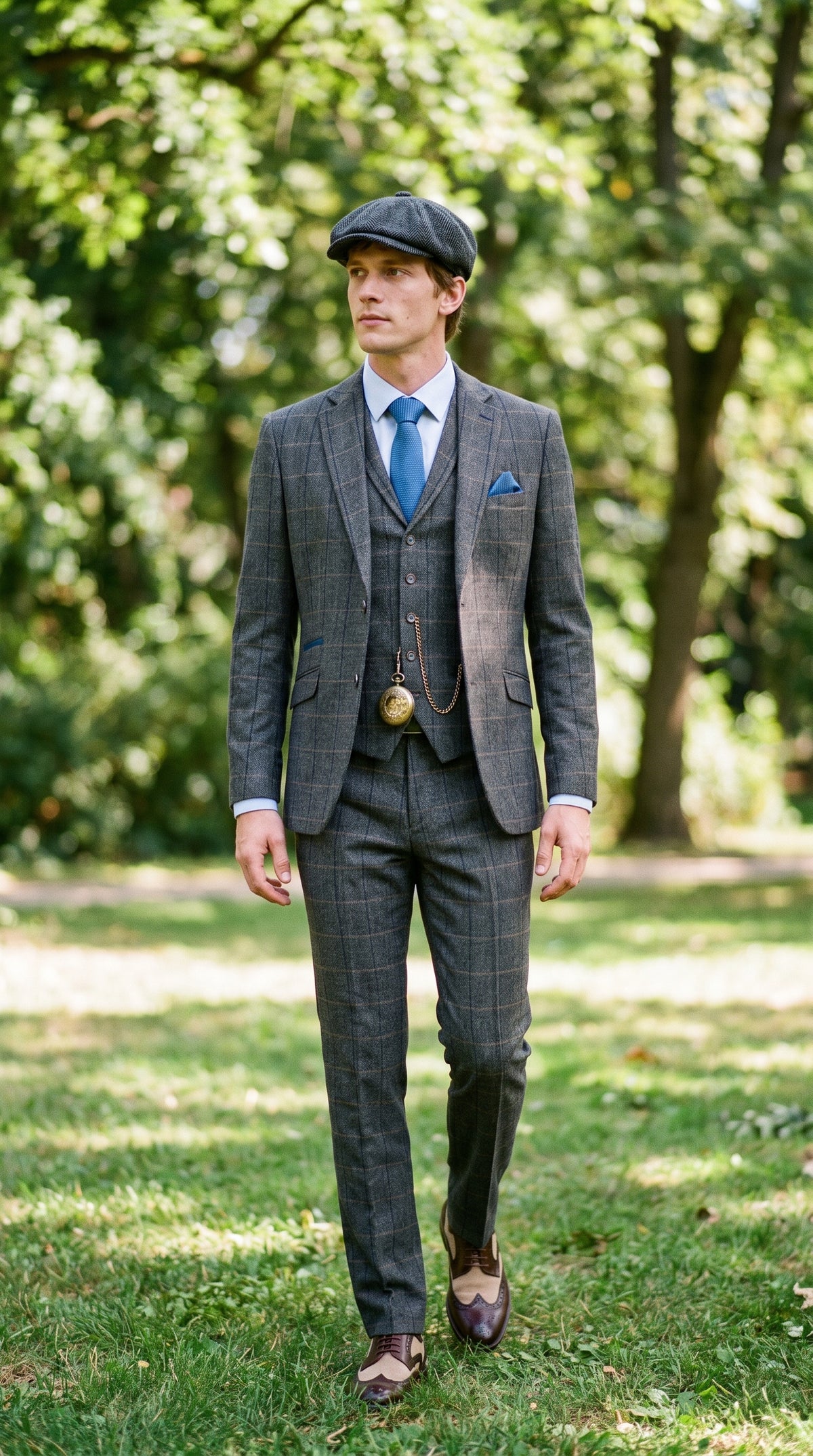 Look #132 styled with Cavani Albert - Мъжки костюм от 3 части с каре от туид с рилен мотив - Тъмносин