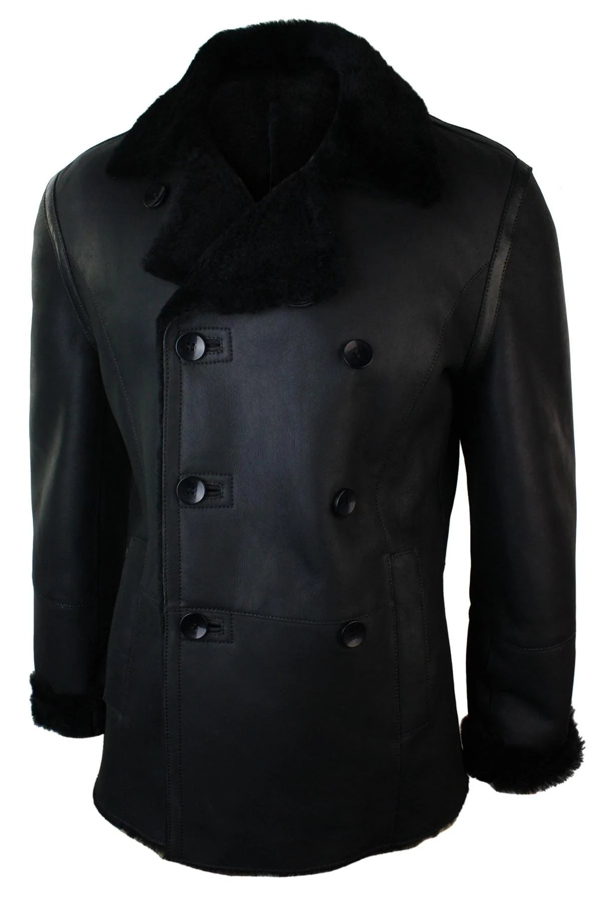 Mens Real Shearling German Navy Sheepskin Double Breasted Jacket Black Fitted