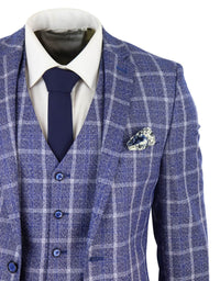 Mens 3 Piece Slim Fit Suit Herringbone Tweed Check Vintage Classic 1920s Blue