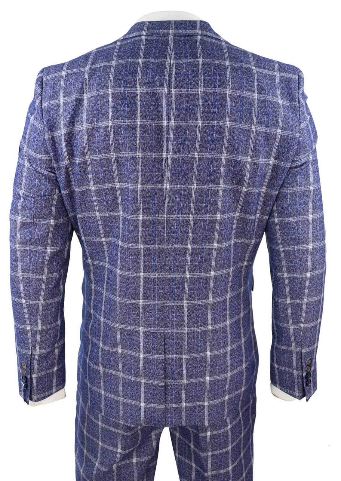 Mens 3 Piece Slim Fit Suit Herringbone Tweed Check Vintage Classic 1920s Blue
