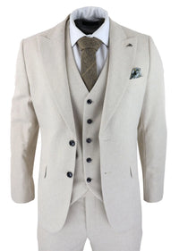 Mens Wool 3 Piece Cream Beige Suit Slim Fit Classic Wedding Party Vintage 1920s