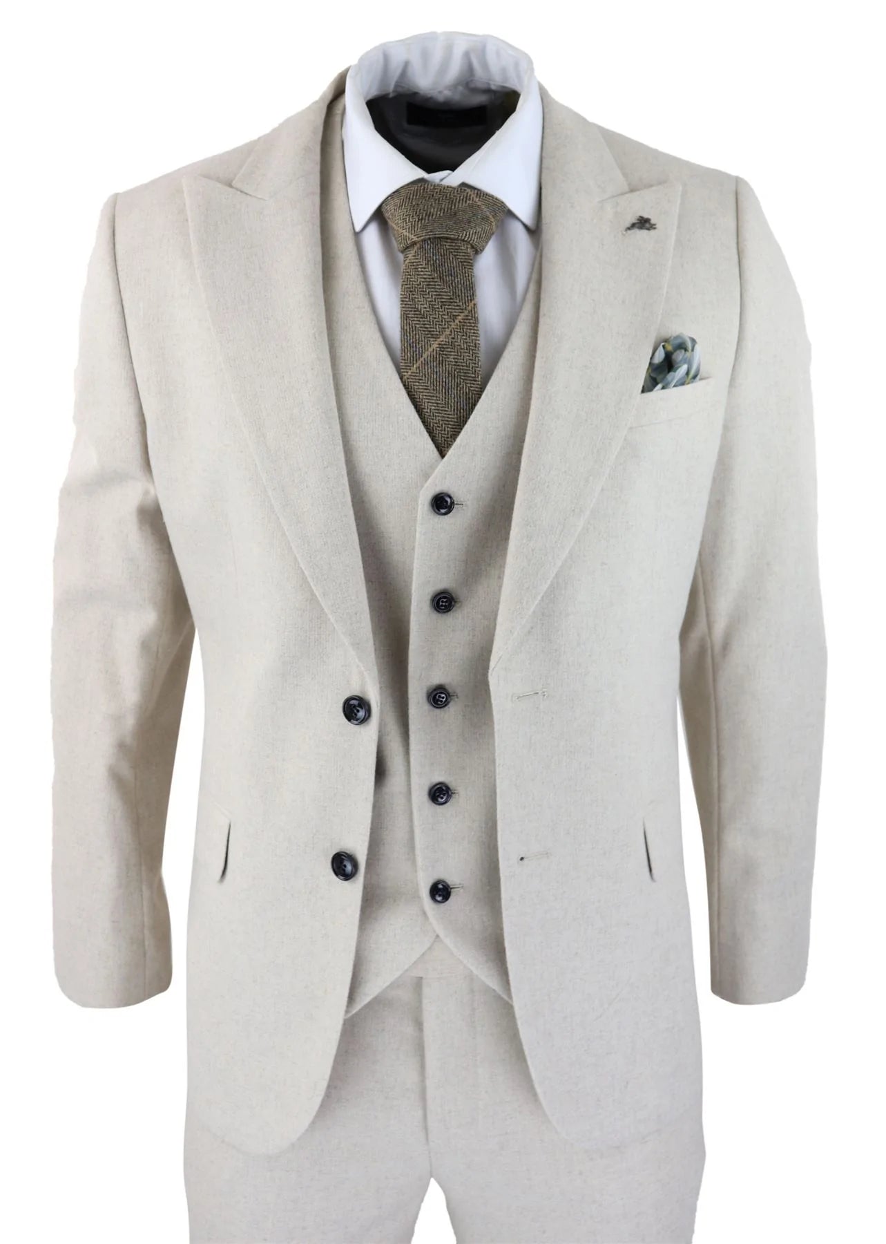 Mens Wool 3 Piece Cream Beige Suit Slim Fit Classic Wedding Party Vintage 1920s