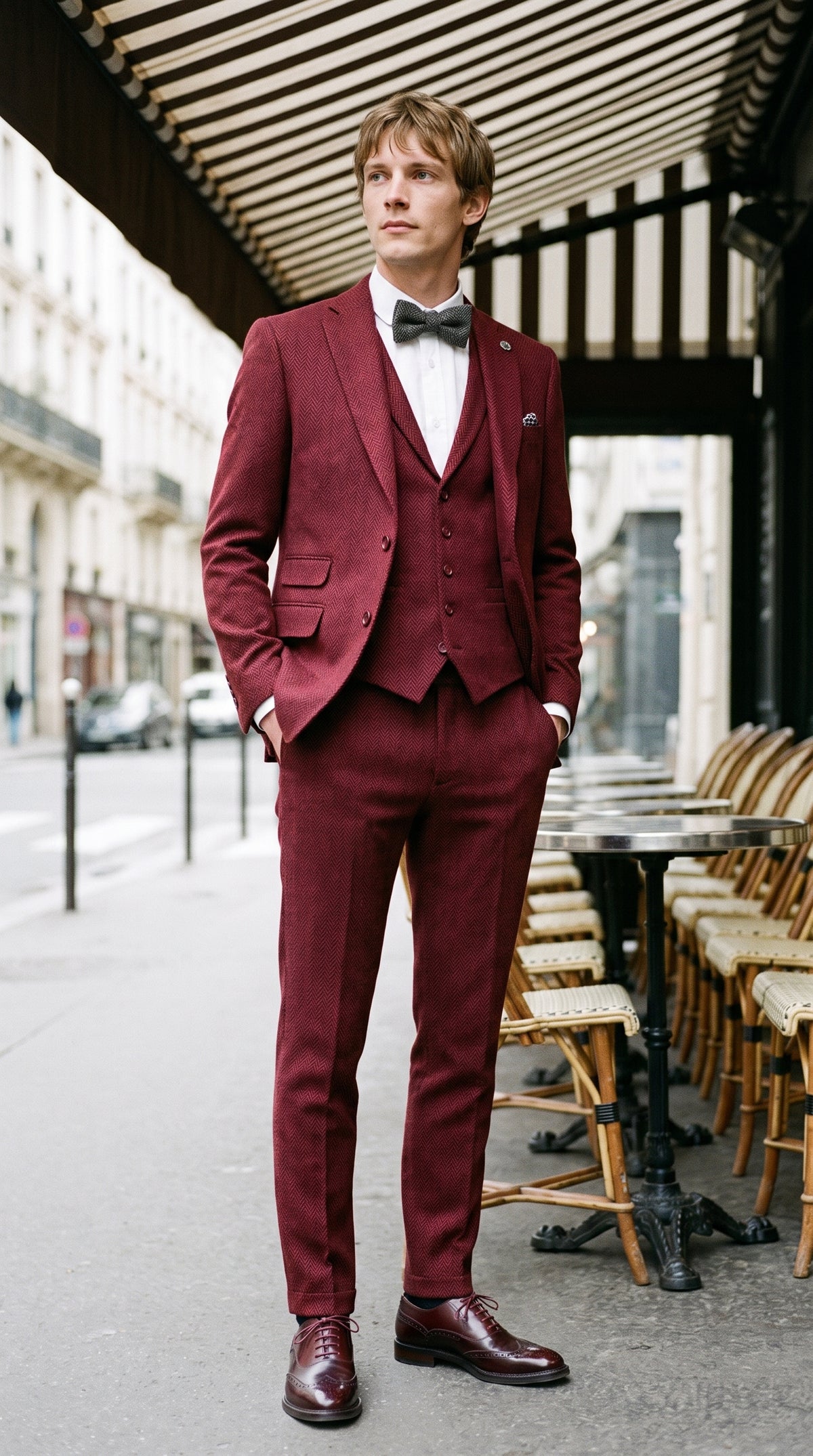 Look #144 styled with Мъжки костюм от туид с рилен мотив, бордо и три части - STZ11
