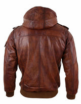 Mens Real Leather Hood Bomber Jacket Tan Timber Brown Washed Vintage Quilted