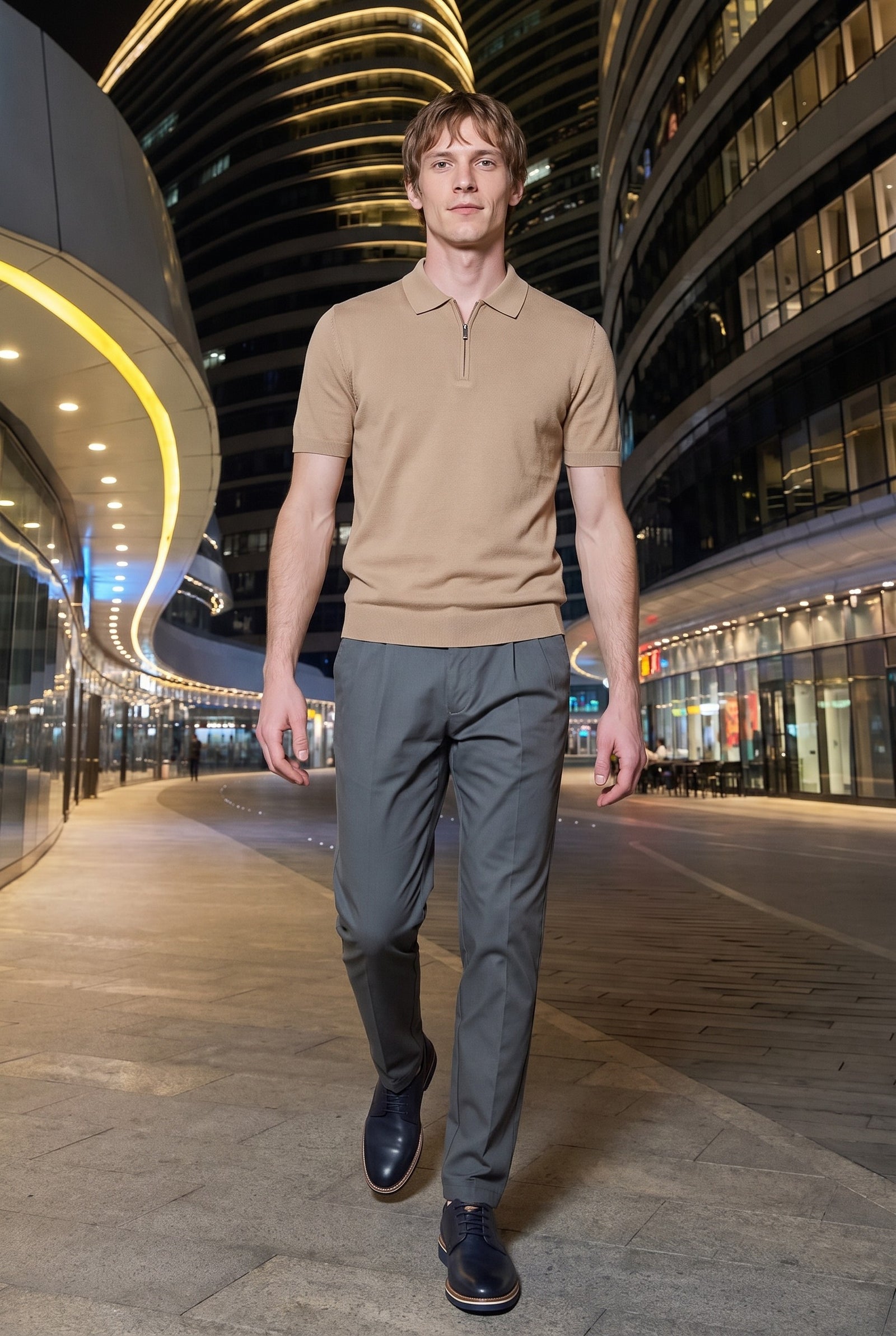 Look #977 styled with Бежова плетена поло тениска с цип за мъже
