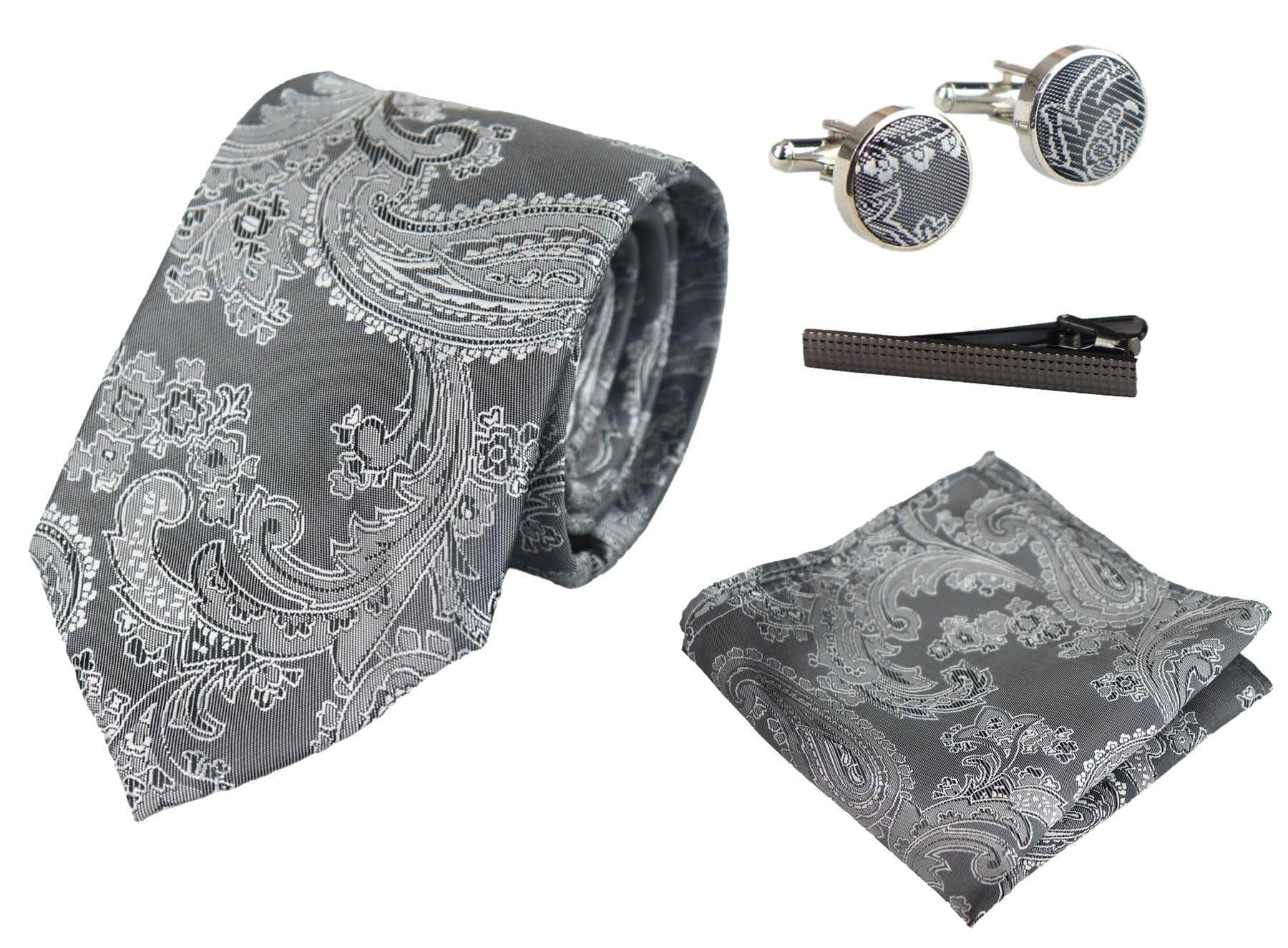 Paisley Neck Grey Tie Gift Set Pocket Square Cuff Links Tie Floral Satin