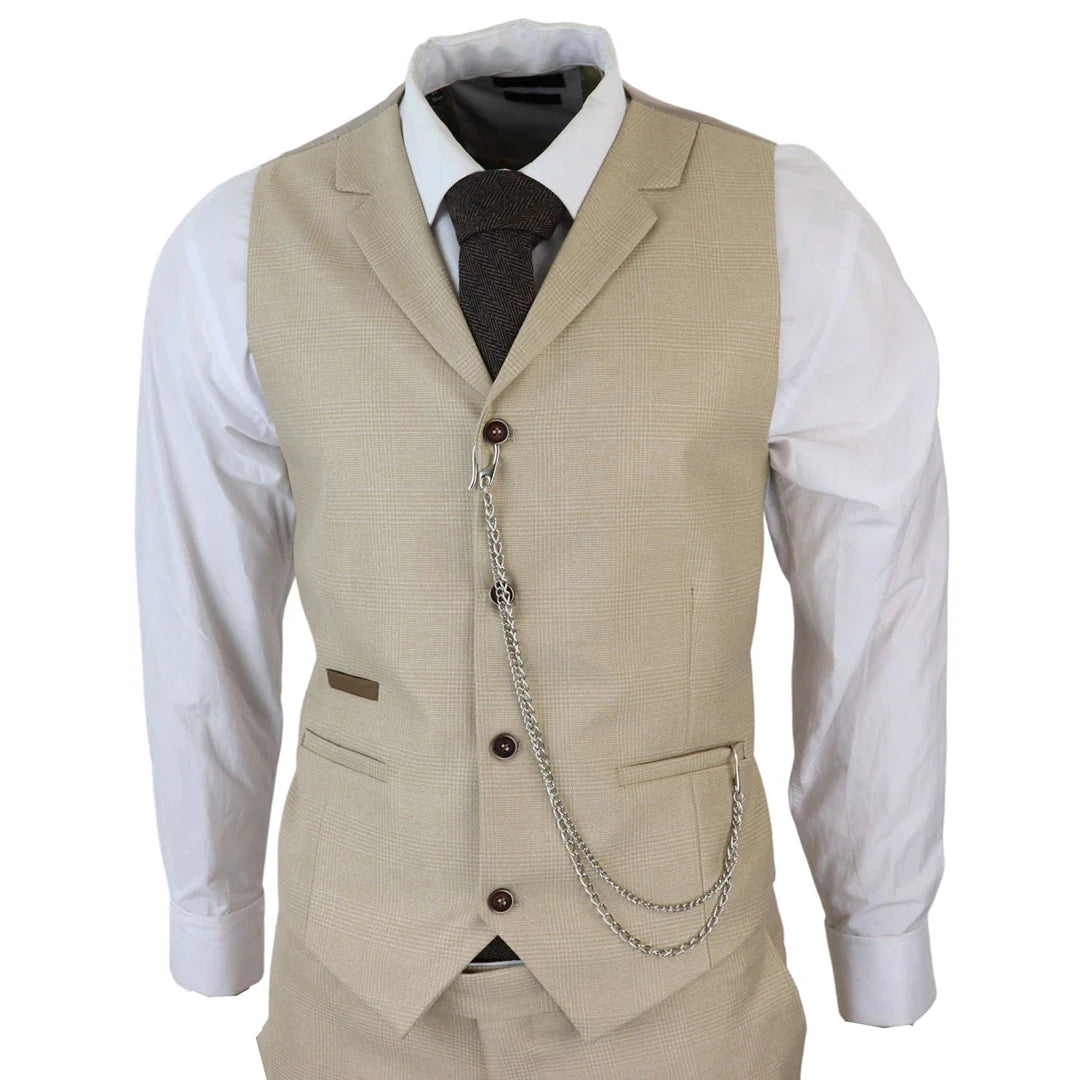 AK-08 Men's 3-Piece Cream Prince Of Wales Check Suit