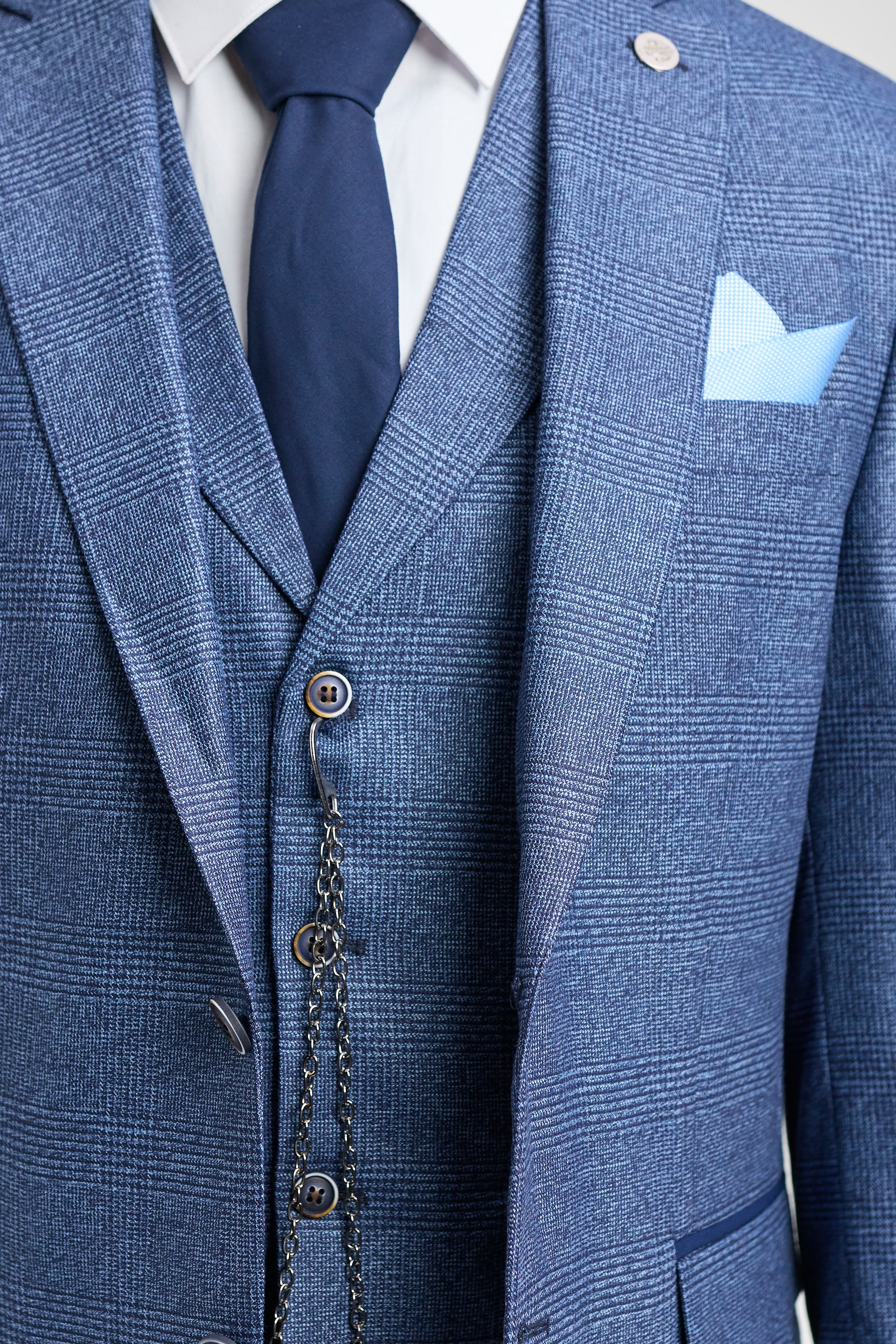 Мъжки костюм от 3 части, син, кариран с щампа „Принцът на Уелс“ AK-09