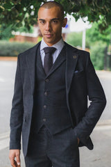 Мъжки костюм от 3 части, черен, кариран Glen