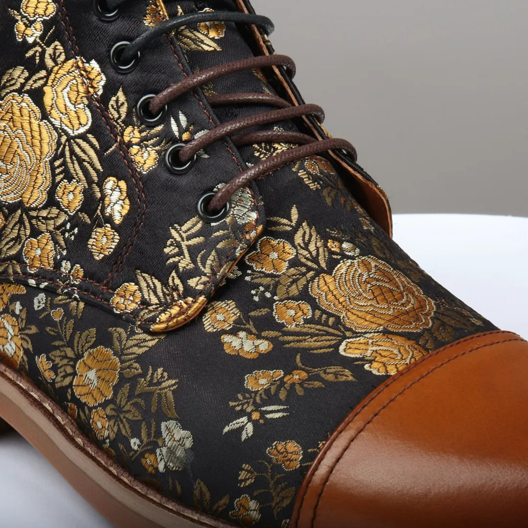 Adan - Men's Floral Print Leather Oxford Ankle Brown Boots