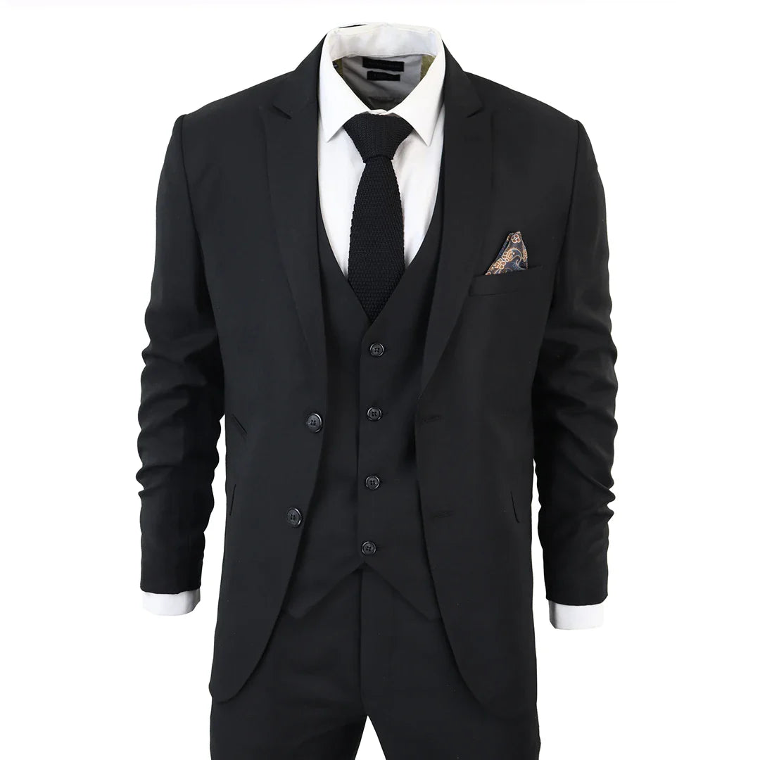 IM1 Men's Classic Black Plain Tailored Fit 3-Piece Suit