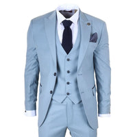 Light blue suit with a white shirt, dark tie, and pocket square on a white background