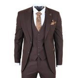Brown suit with a tie and pocket square on a white background