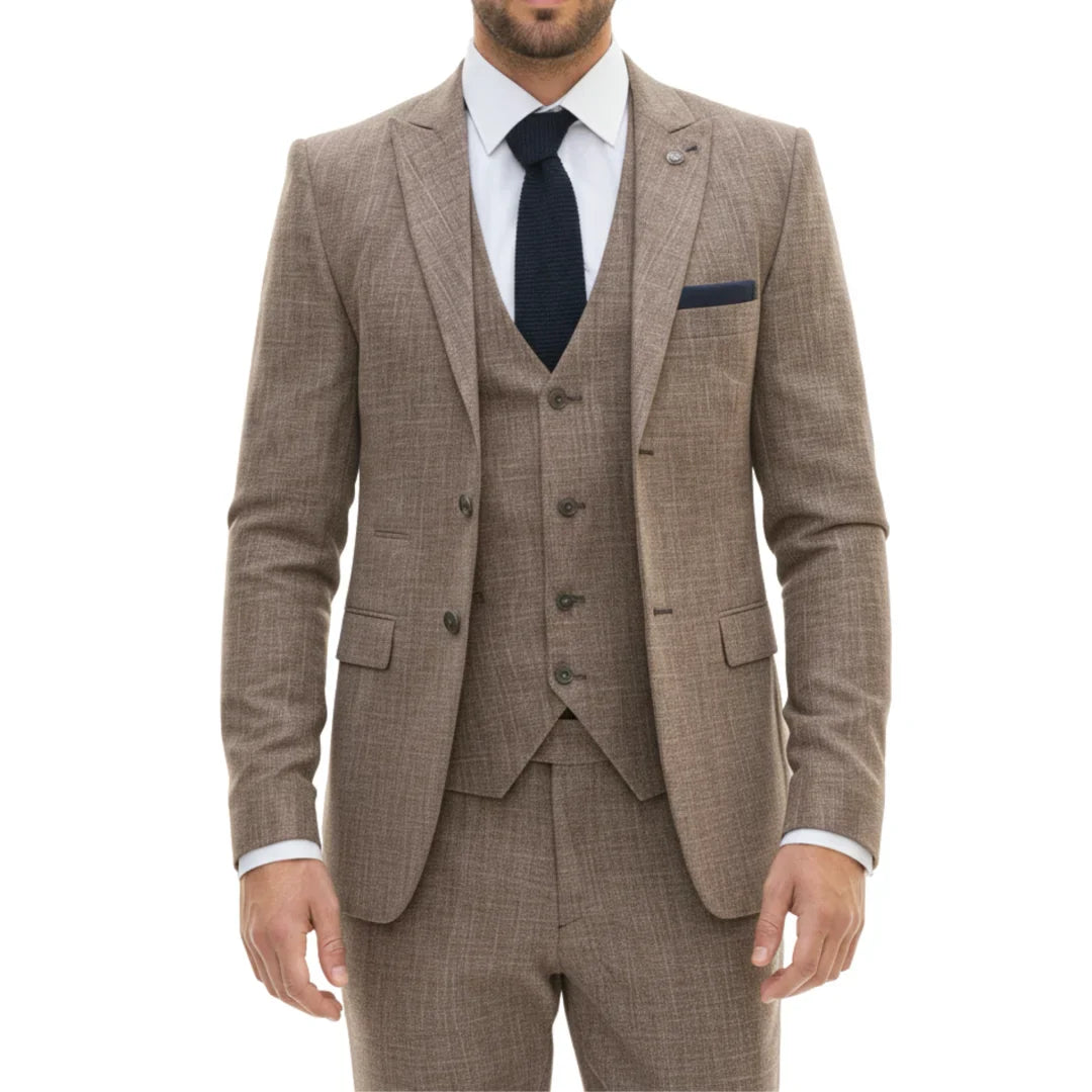 Brown checkered suit with a white shirt and navy tie on a white background