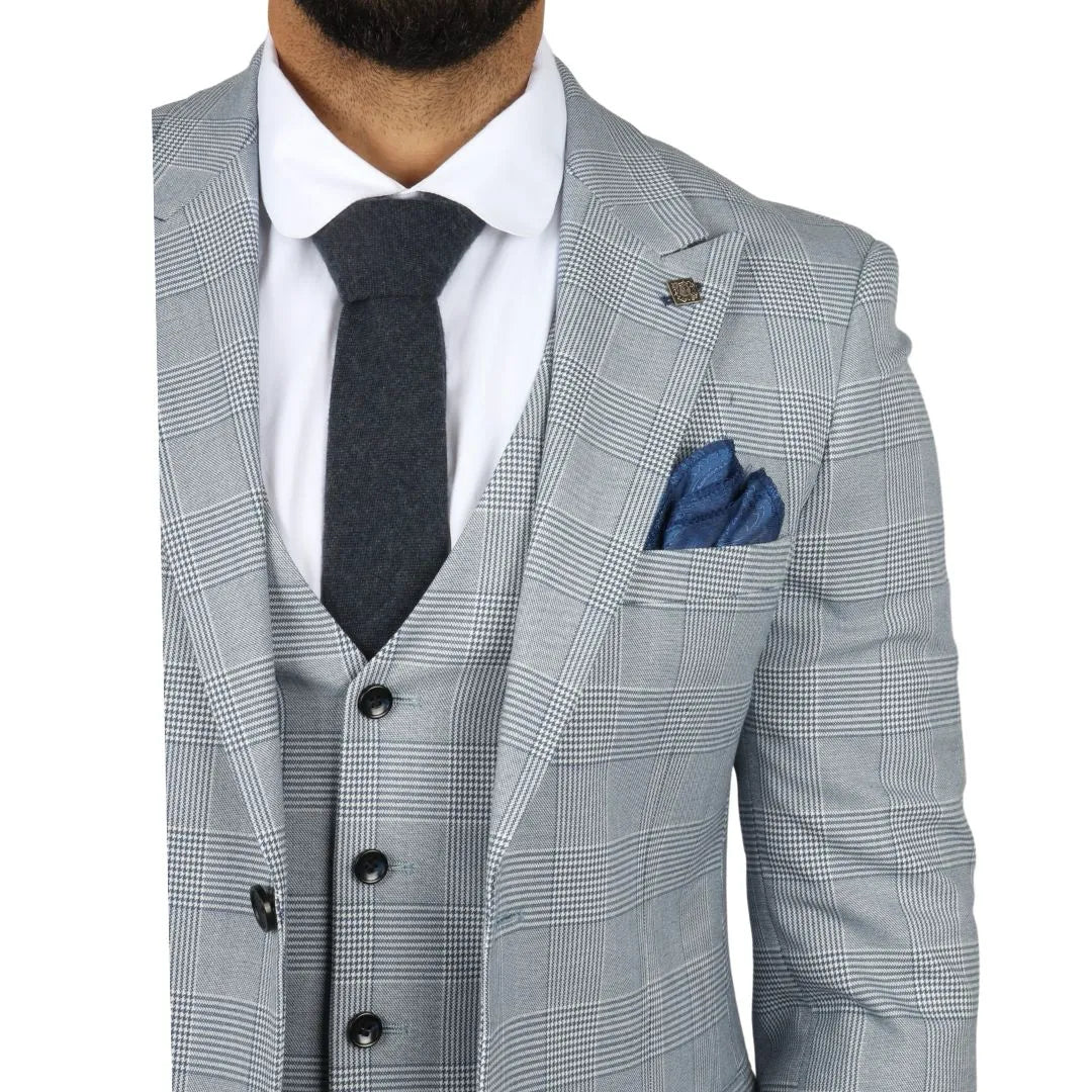 Mark Men's Light Blue 3-Piece Tweed Check Tailored Fit Suit