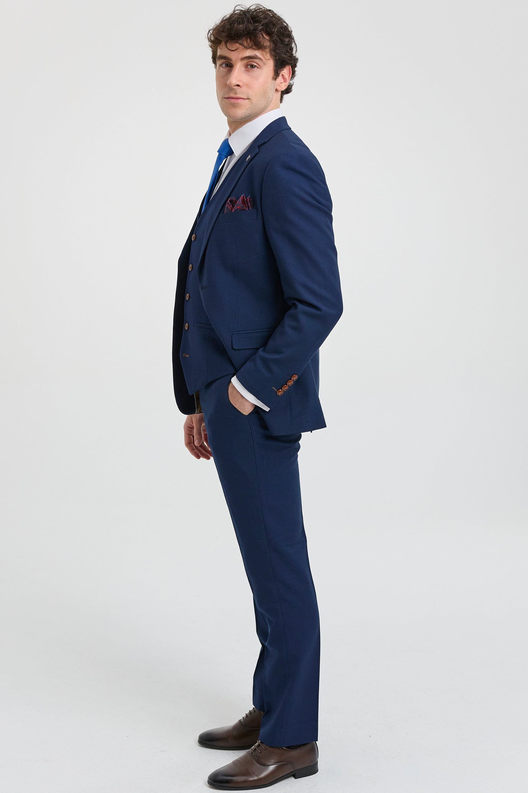 Мъжки тъмносини костюми от 3 части с кафяви тапицерии, класически, винтидж, за сватба, Birdseye