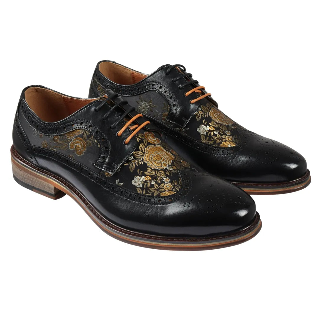 Ross - Men's Floral Print Leather Black Brogue Shoes