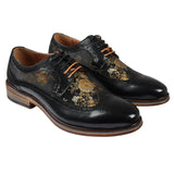 Ross - Men's Floral Print Leather Black Brogue Shoes