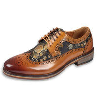 Ross - Men's Floral Print Leather Brown Brogue Shoes