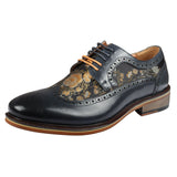Ross - Men's Floral Print Leather Navy Brogue Shoes